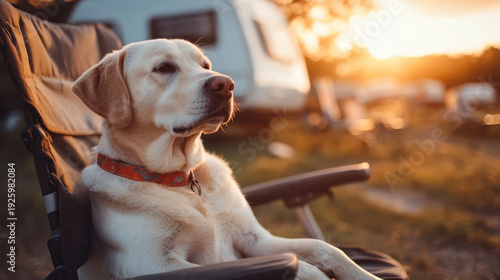 Relaxed dog camping sunset outdoor pet chair vacation travel leisure golden hour peaceful relaxed dog resting on camping chair at sunset in outdoor holiday campground background