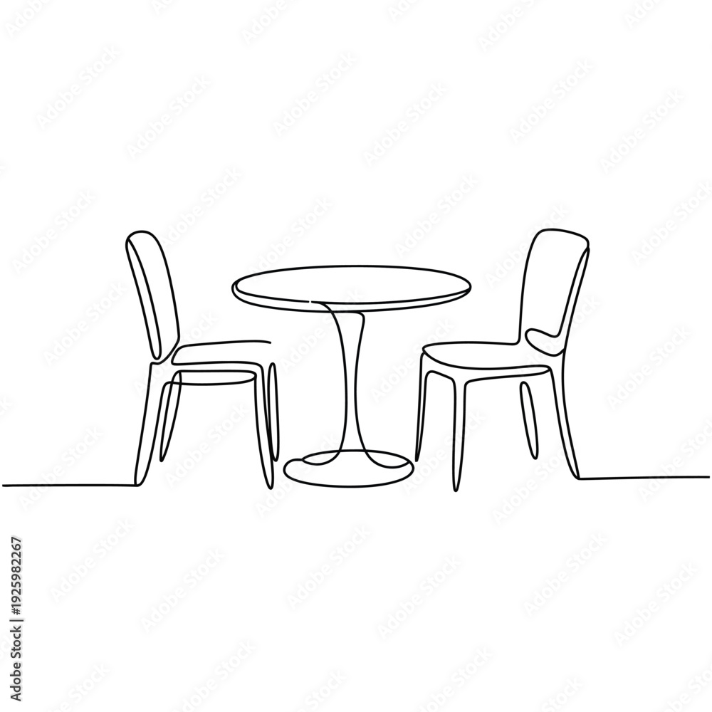Fototapeta premium Minimalist line drawing of a round table and two chairs