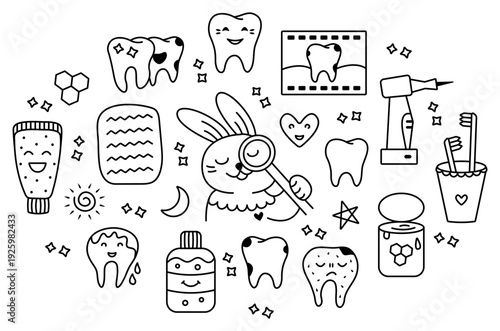 Pediatric dentistry black line vector doodle set. Monochrome outline kid dental sign collection, child stomatology isolated symbols