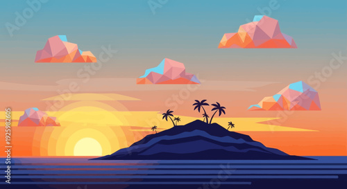 Pixel art island sunset with palm trees and geometric clouds