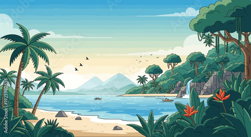Pixel Art Tropical Paradise: Beach, Ocean, Mountains, Waterfall, and Lush Jungle Scenery
