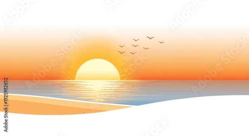 Serene Sunset Over Ocean Horizon with Silhouetted Birds Flying Over Calm Water