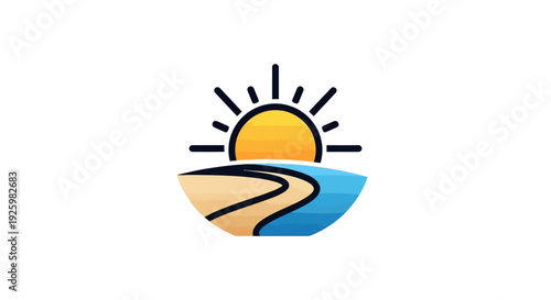Sunrise over ocean and beach with path, abstract vector logo icon