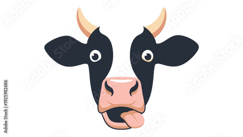 Cute cartoon cow head illustration with tongue out, funny dairy farm animal graphic isolated on white background