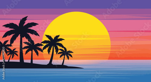 Vibrant Sunset Beach: Palm Trees Silhouette, Tropical Island Horizon, Ocean Waves
