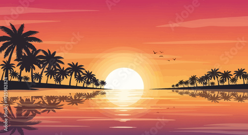 Vibrant Pixel Art Sunset Over Tropical Ocean with Palm Trees and Reflections