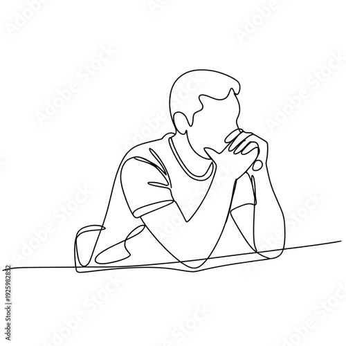 Single continuous line drawing of a pensive man resting his chin on hands