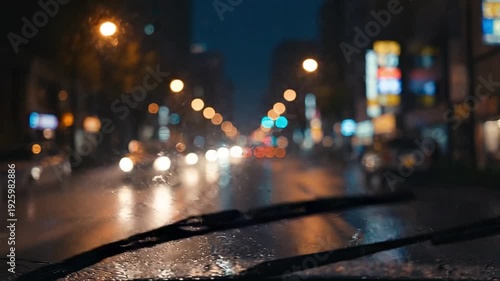 Nighttime city street scene with blurred lights and cars driving down a wet road with a shallow depth of field and a dark blue night sky.