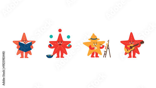 Cute cartoon star characters enjoying hobbies: reading, juggling, painting, and playing guitar, isolated on white.