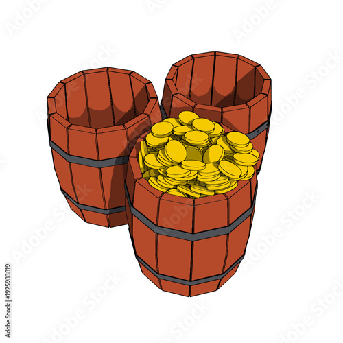 One Wooden Old Vintage filled by Gold Coins and Two Empty Barrels. Vector Illustration.