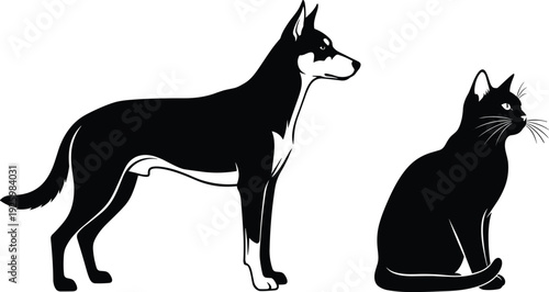 Black and white vector silhouette of a standing dog and a sitting domestic cat facing away for pet care animal friendship and veterinary designs
