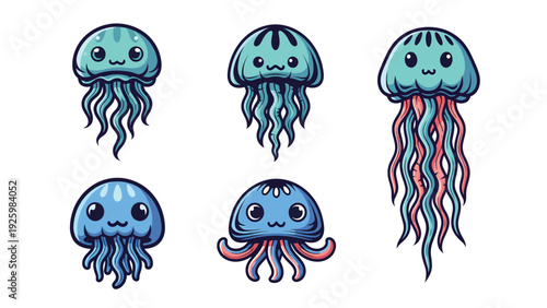 Adorable Blue and Turquoise Cartoon Jellyfish Vector Set with Cute Smiling Faces