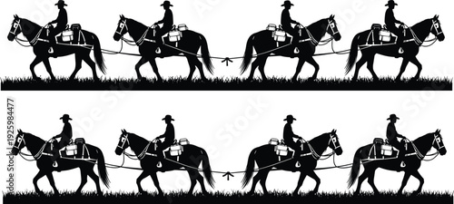 Black vector silhouette set of cowboys riding horses in a pack line through grass for western ranch life and outdoor equestrian adventure themed designs
