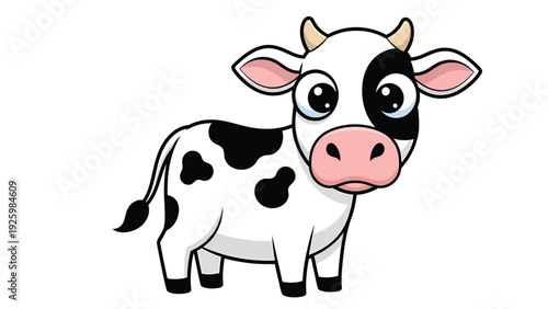 Cute cartoon cow with big eyes. Adorable black and white farm animal illustration for kids and dairy concepts.