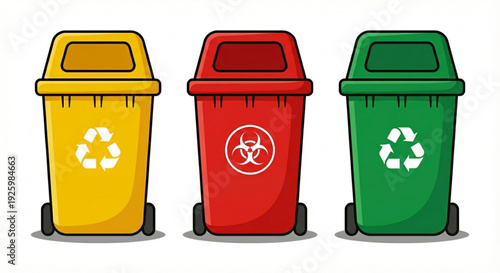 Three colored recycling bins with universal recycling symbols and biohazard sign illustration