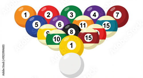 Billiard balls arranged in a triangular rack on a white background
