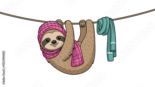 Cartoon sloth in winter hat and scarf hanging from a clothesline