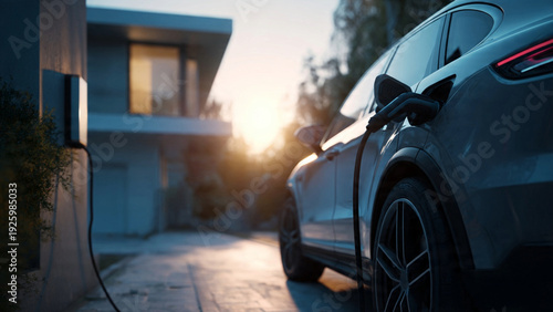 Electric car charging at modern home during sunset