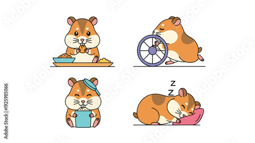 Vector Set of Cute Hamster Behaviors: Feeding, Wheel Running, Relaxing, Sleeping