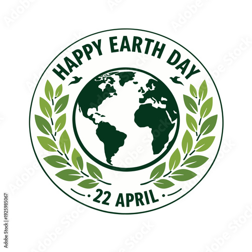 Happy Earth Day emblem with green globe, laurel leaves, birds, and date 22 April. Ideal for eco campaigns, sustainability events, environmental promotions, and awareness materials.