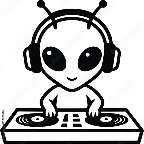 Cute Alien DJ Cartoon Vector Illustration, Cartoon UFO Alien Mixing Music