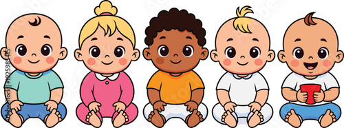 "Cartoon illustration of diverse babies sitting in a row, cute infant characters with different hairstyles, outfits, and playful expressions for childcare, parenting, and education themes"