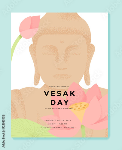Vesak Day poster with Buddha statue and lotus flower grain texture