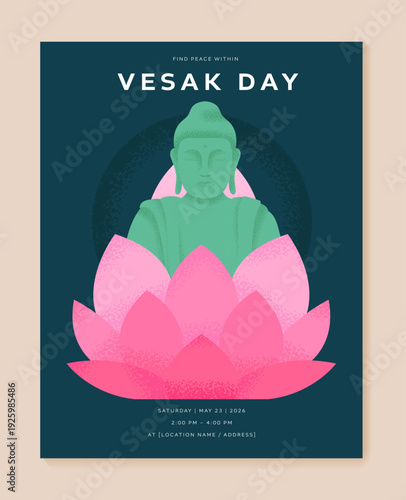Vesak Day poster with Buddha statue and lotus flower grain texture