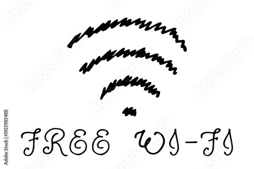 Hand drawn free wifi spot zone sign Public wi-fi area sign Wireless internet clipart in doodle style Single element for print, web, design, decor 3G, 4G, 5G, 6G, IoT