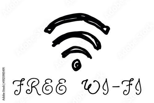 Hand drawn free wifi spot zone sign Public wi-fi area sign Wireless internet clipart in doodle style Single element for print, web, design, decor 3G, 4G, 5G, 6G, IoT