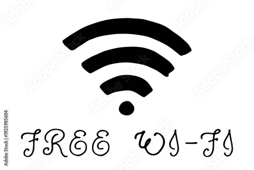Hand drawn free wifi spot zone sign Public wi-fi area sign Wireless internet clipart in doodle style Single element for print, web, design, decor 3G, 4G, 5G, 6G, IoT