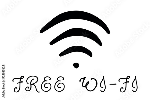 Hand drawn free wifi spot zone sign Public wi-fi area sign Wireless internet clipart in doodle style Single element for print, web, design, decor 3G, 4G, 5G, 6G, IoT