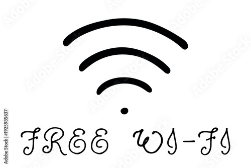 Hand drawn free wifi spot zone sign Public wi-fi area sign Wireless internet clipart in doodle style Single element for print, web, design, decor 3G, 4G, 5G, 6G, IoT