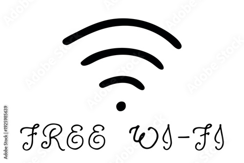 Hand drawn free wifi spot zone sign Public wi-fi area sign Wireless internet clipart in doodle style Single element for print, web, design, decor 3G, 4G, 5G, 6G, IoT
