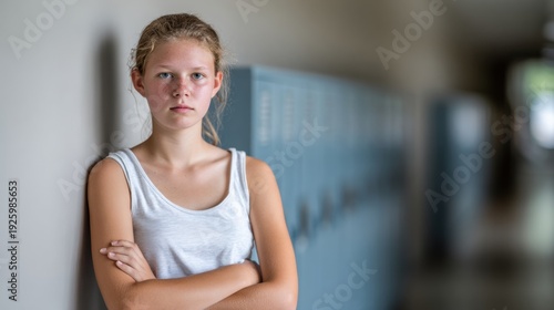 Upset teenage girl leaning against lockers with crossed arms, looking frustrated. School corridor background, teen emotions, defiance, peer pressure, youth behavior concept Free Download Upset teenage girl leaning against lockers with crossed arms, looking frustrated. School corridor background, teen emotions, defiance, peer pressure, youth behavior concept - GFXLoad
