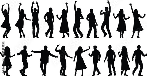 Dancing men and women silhouettes collection, party celebration people in motion isolated on white background vector set