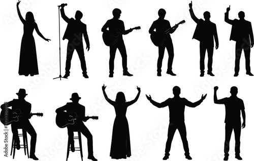Music band performer silhouettes collection, singers and guitarists on stage with microphone, live concert performance isolated on white