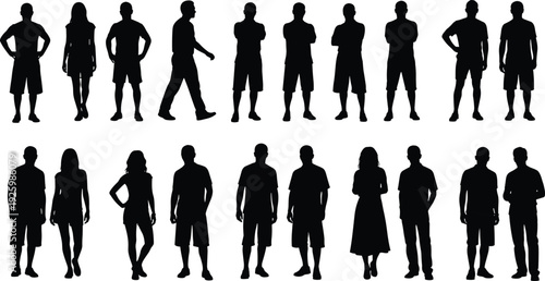 People standing silhouettes collection, men and women casual poses isolated on white background vector illustration set