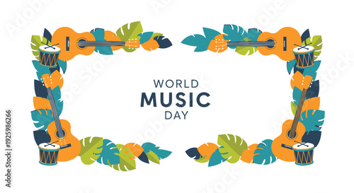 World Music Day frame with floral border