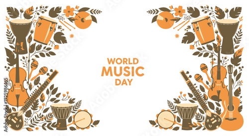 World Music Day icon set, includes musical instruments and symbols. Created in flat style with orange and brown palette.
