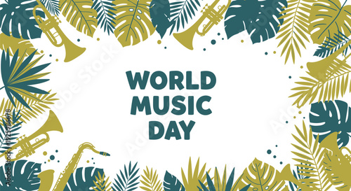 World Music Day banner with tropical leaves and musical instruments