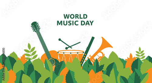 World Music Day vector illustration with musical instruments and leaves