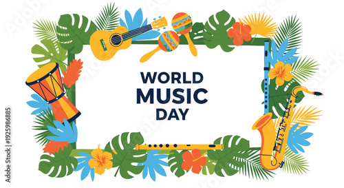 World Music Day vector frame with musical instruments and leaves