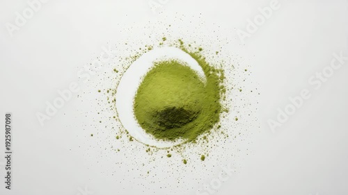 Matcha green tea powder on white clean background copy space