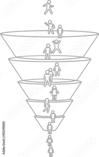 Sales funnel process with people moving down the funnel