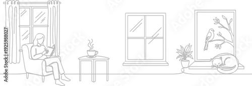 Woman relaxing at home with coffee and laptop