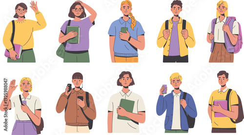 Vector illustration set of diverse students holding books and smartphones with backpacks for education university college learning and back to school themed designs