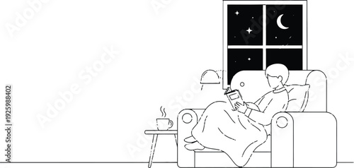 Man relaxing on sofa at night with mobile phone