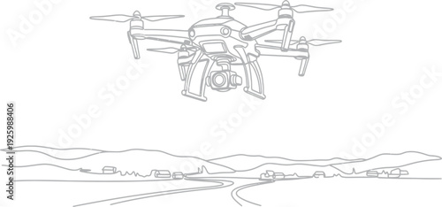 Drone flying over rural landscape with camera