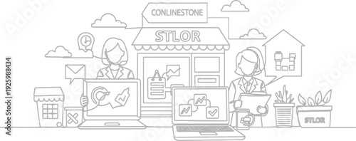 Online store management with laptop and desktop computers